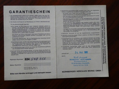 Hercules garatieschein 1985 - hercules,